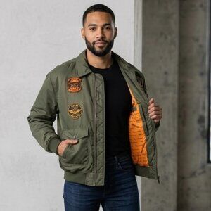 Mercury Global Patched Flight Bomber Jacket Olive Green Top Gun Naval Aviation